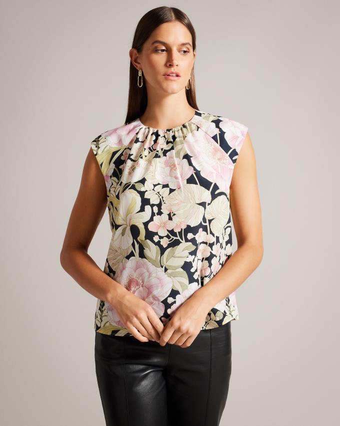 Hauts Ted Baker Floral Boxy Fit With Gathered Neckline Noir Femme | JWG-27177313